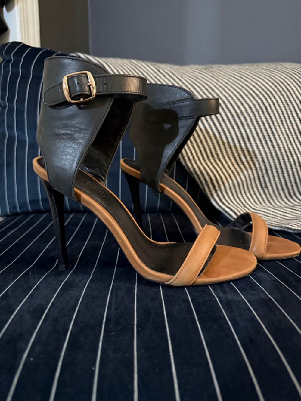 NICHOLAS Black and Tan Open-Toe Stiletto Sandals